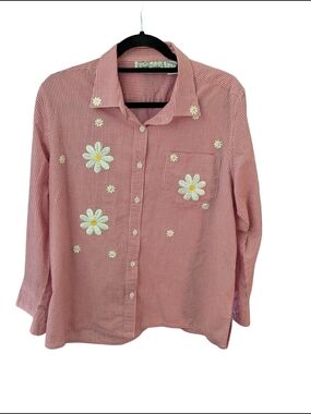 Vintage 90s Red Gingham Daisy Embroidered Button-Up Shirt Sarah Bentley